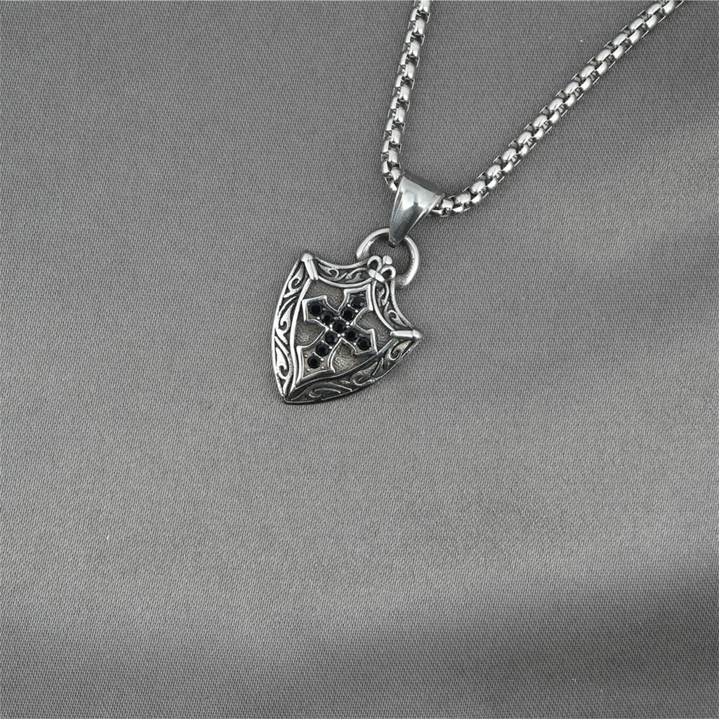 Ornate Shield - Shaped Crucifix Necklace with Black Zircons Inlays