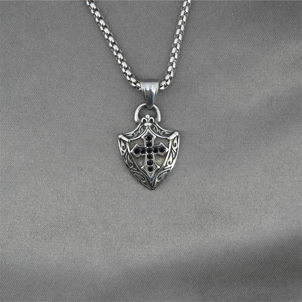 Ornate Shield - Shaped Crucifix Necklace with Black Zircons Inlays