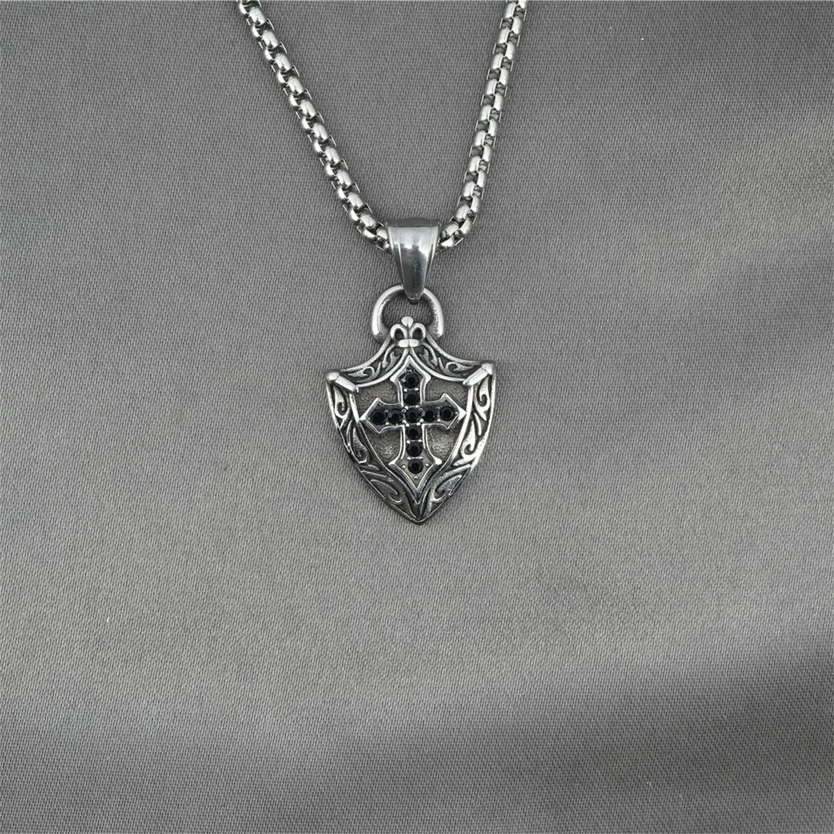 Ornate Shield - Shaped Crucifix Necklace with Black Zircons Inlays