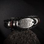 Black Braided Leather Bracelet with JESUS IS LORD Inscription