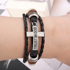 Black Braided Leather Bracelet with Cross & TRUST IN GOD Inscription