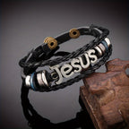 Two - Tone Jesus Charm Bracelet on Black Braided Leather