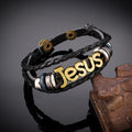 Two - Tone Jesus Charm Bracelet on Black Braided Leather