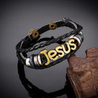 Two - Tone Jesus Charm Bracelet on Black Braided Leather