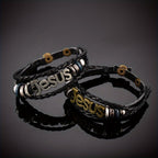 Two - Tone Jesus Charm Bracelet on Black Braided Leather