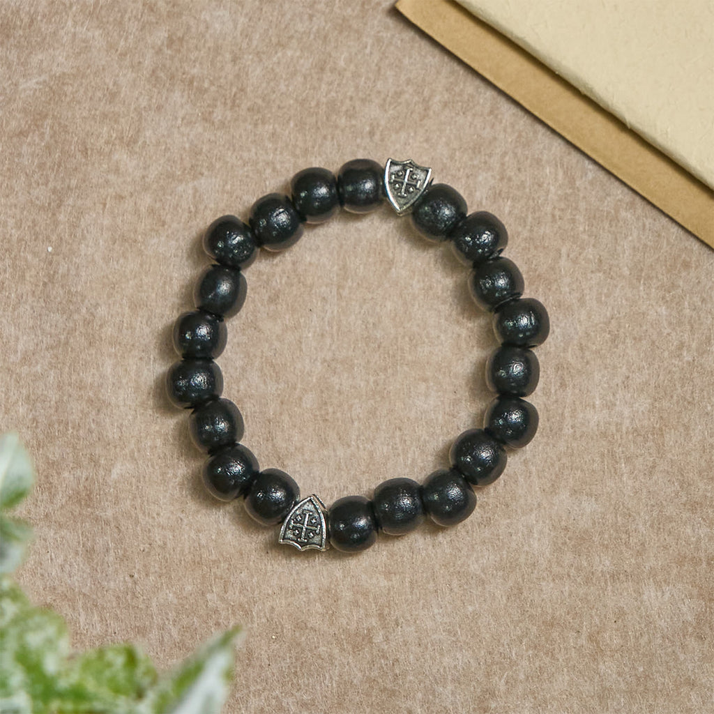 Black Wooden Prayer Handmade Bracelet with Dual Jerusalem Cross Shields