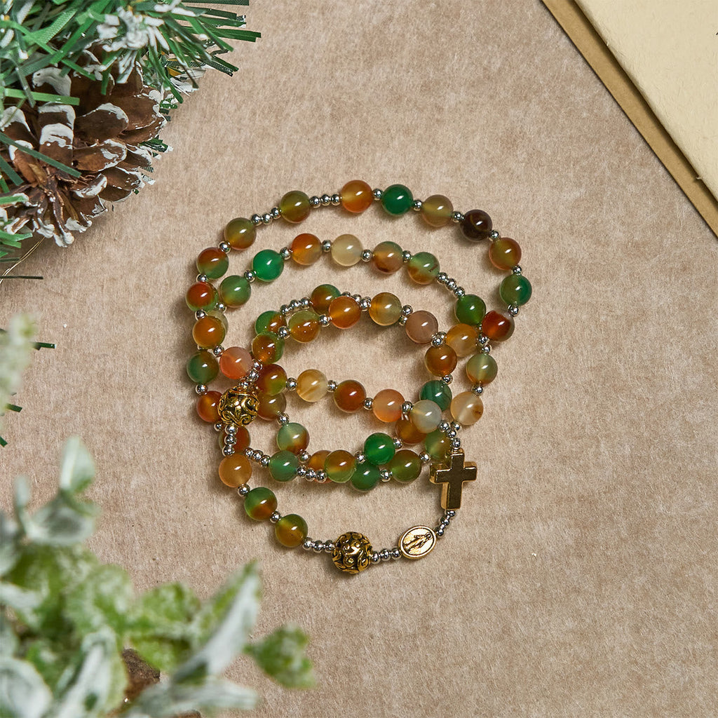 Christmas Malachite Multi-Layer Rosary Bracelet with Cross & Medal