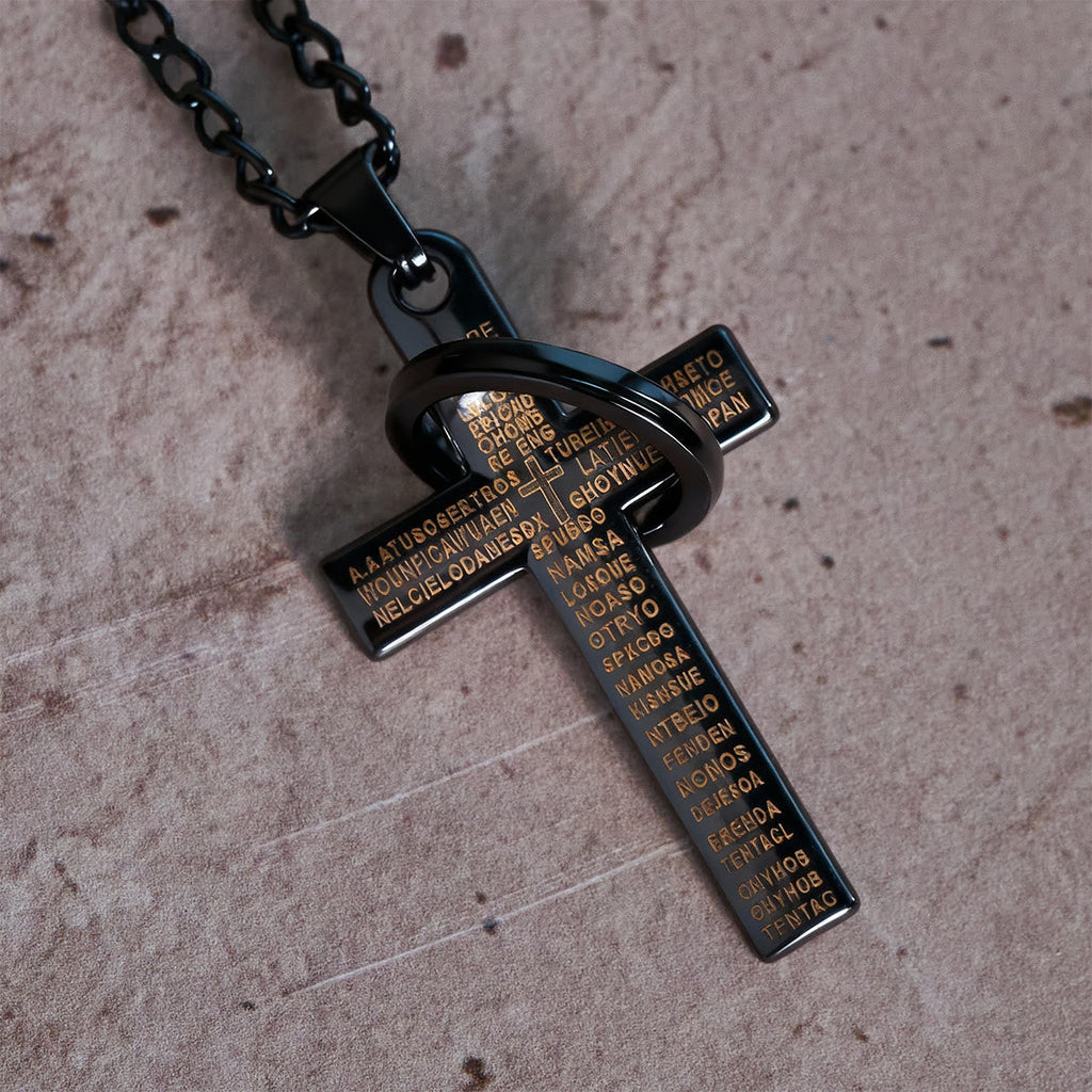 Lord's Prayer with Interlocking Ring Cross Pendant Necklace: Bold Style Sacred Meaning