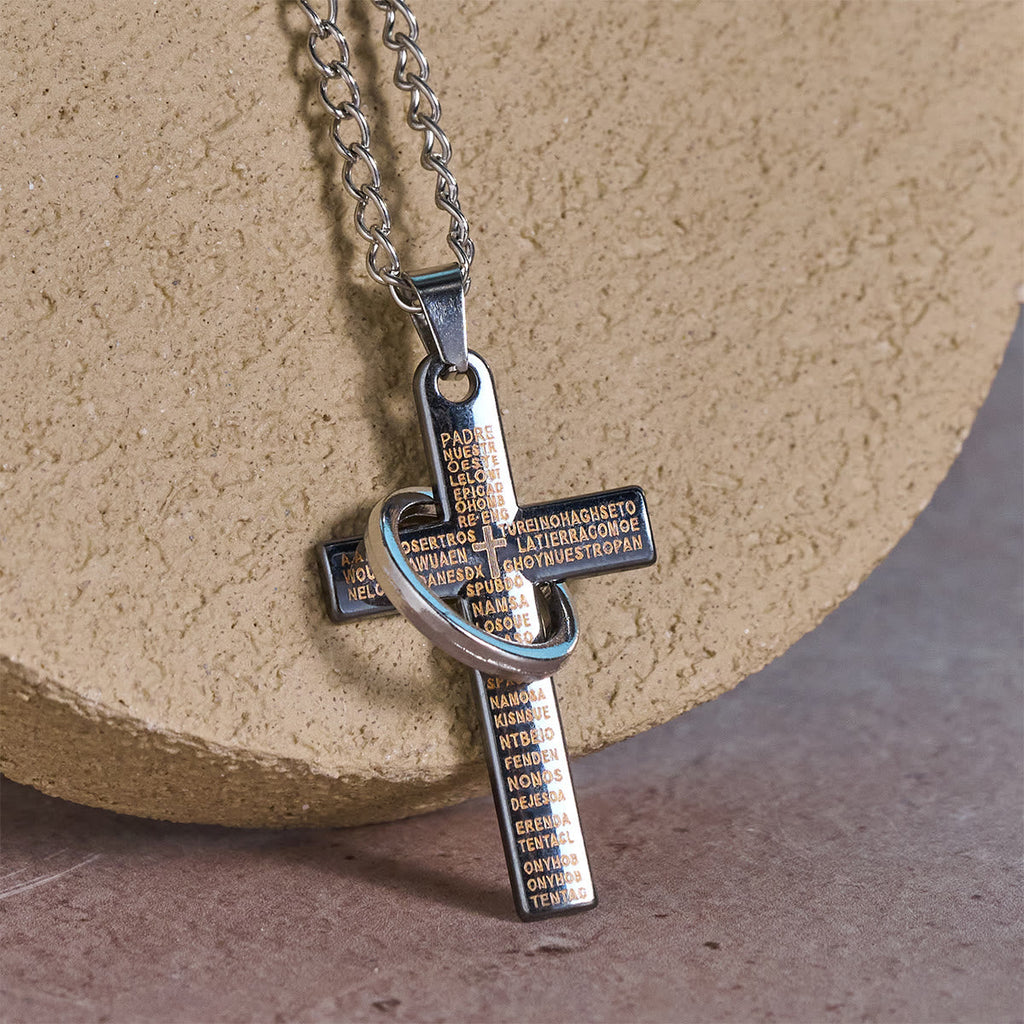 Lord's Prayer with Interlocking Ring Cross Pendant Necklace: Bold Style Sacred Meaning