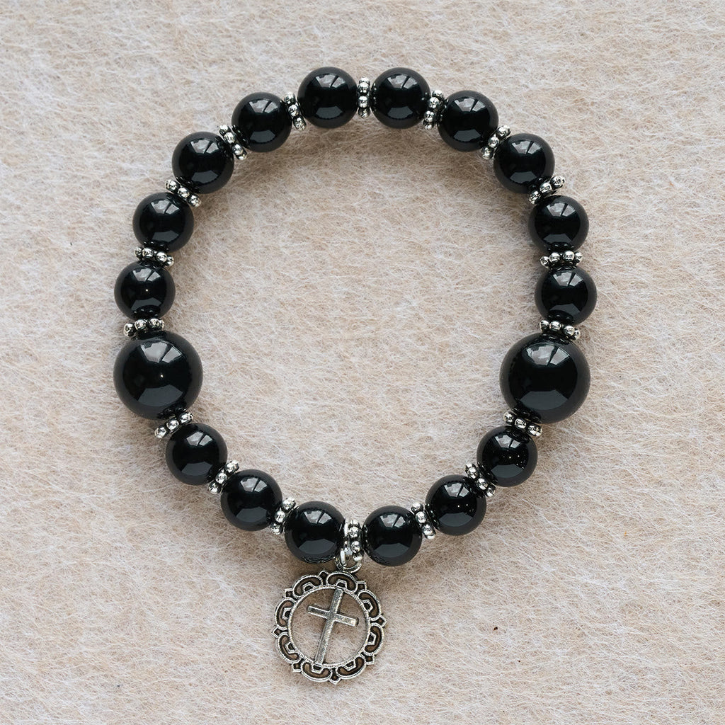 Spiritual Armor Black Obsidian Bracelet with Cross Charm: Pray without Fear