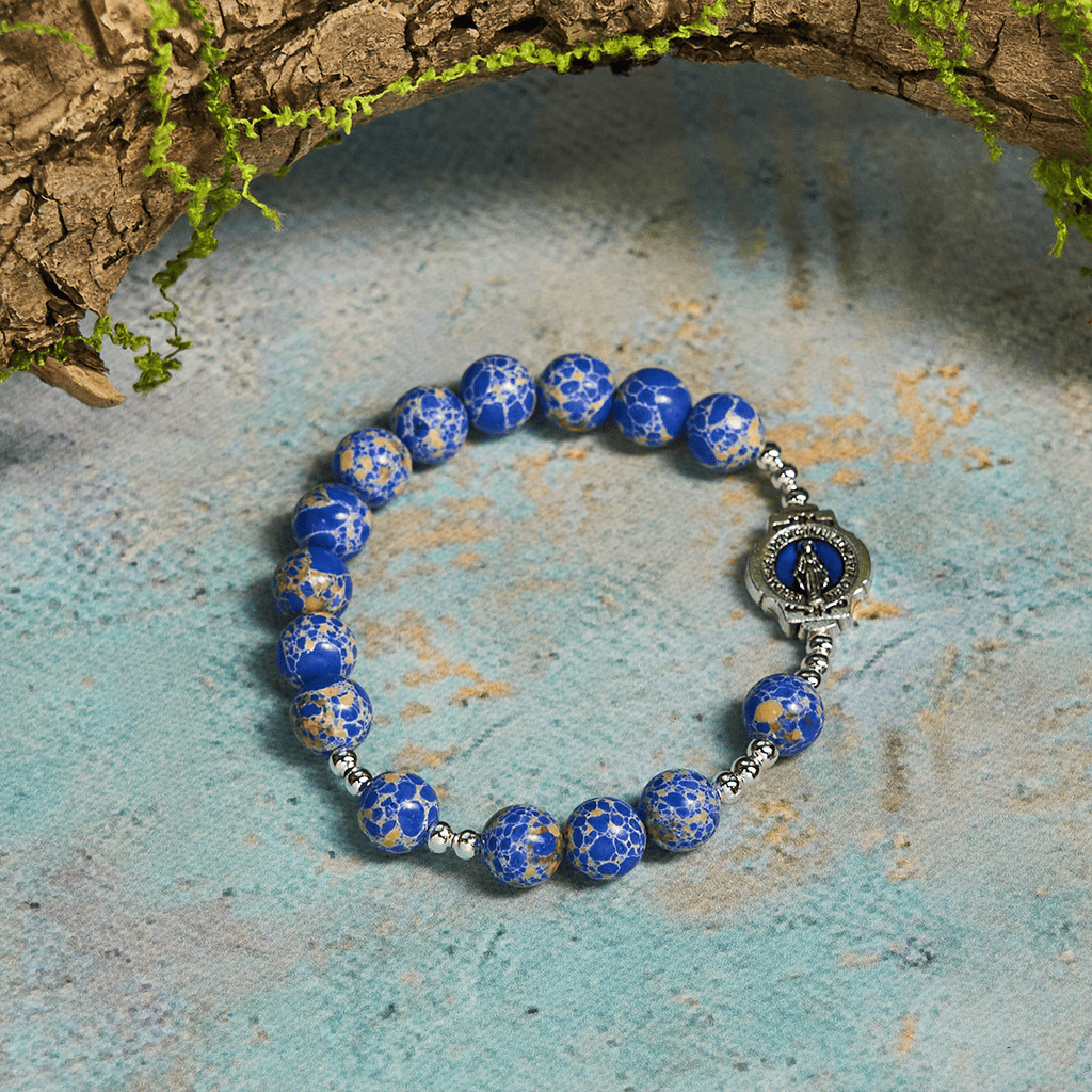 Royal Blue-Tone Stone Beads One Decade Rosary, Bracelet: Grace Guided by Mary's Hand