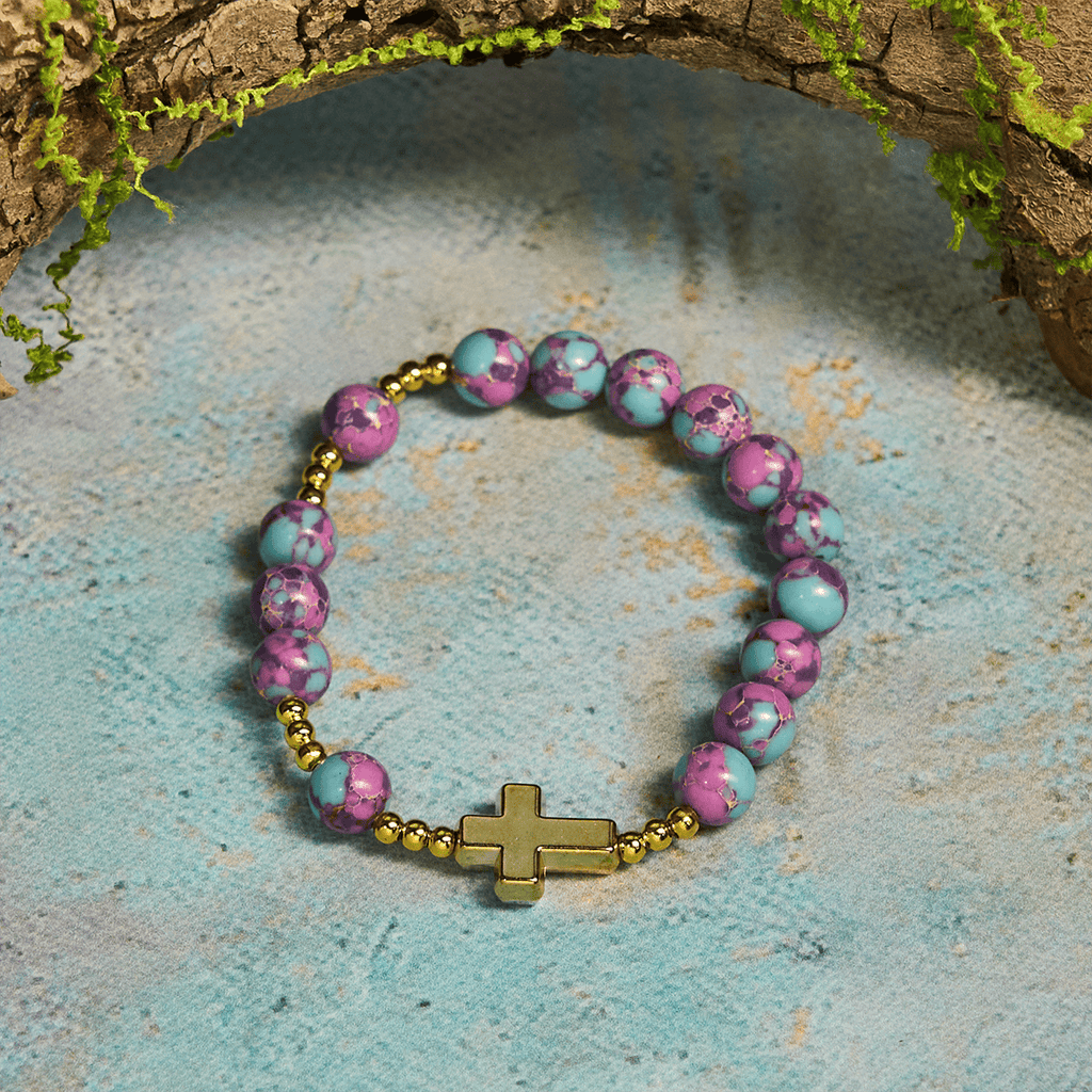 Purple Imperial Stone Marian Bracelet with Golden Cross: Devotion in Style