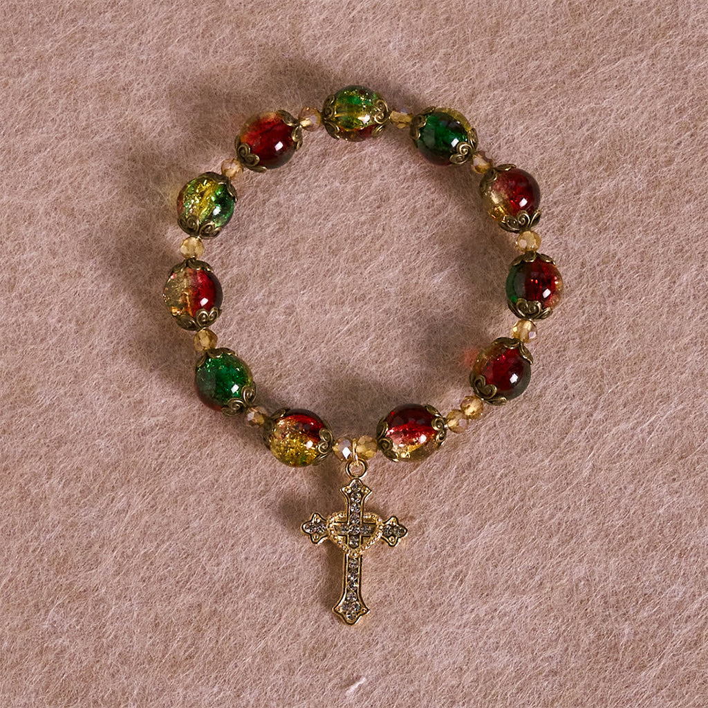 Christmas Glory Red-Green-Gold Glass Bead Bracelet: Faith That Shines