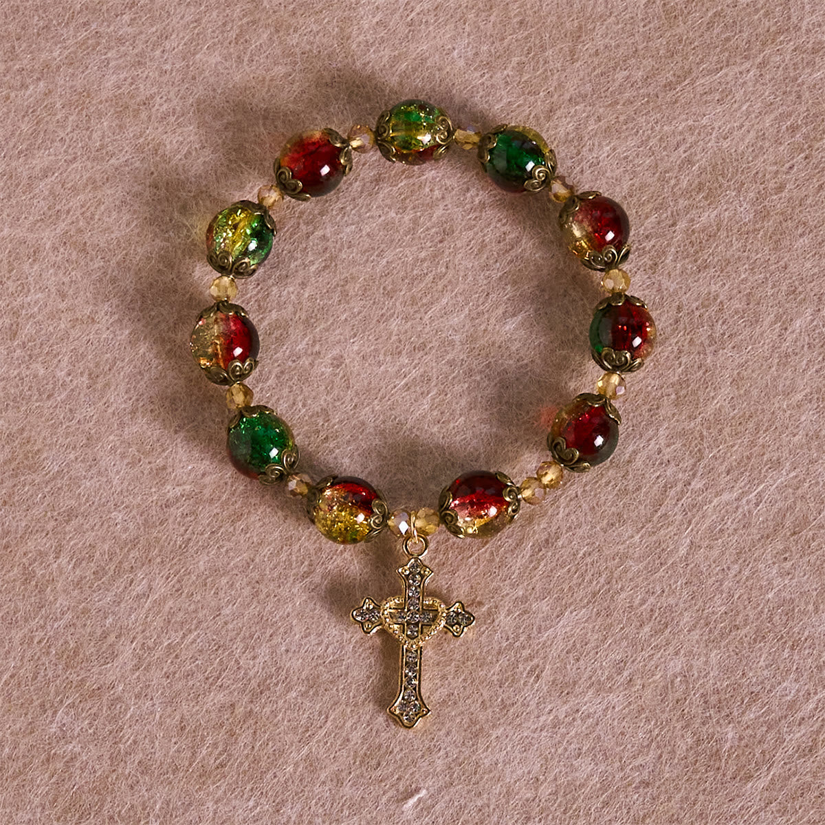 Christmas Glory Red-Green-Gold Glass Bead Bracelet: Faith That Shines
