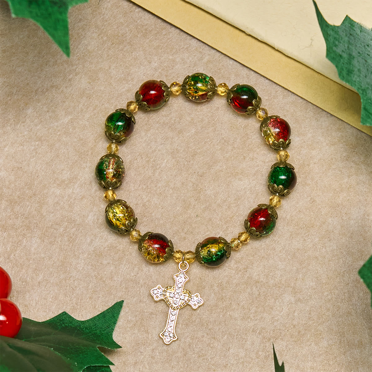Christmas Glory Red-Green-Gold Glass Bead Bracelet: Faith That Shines