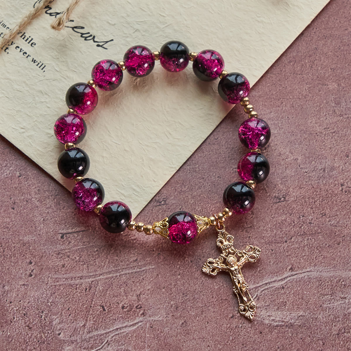 Grace and Strength Black-Pink Glass Bead Bracelet with Golden Cross
