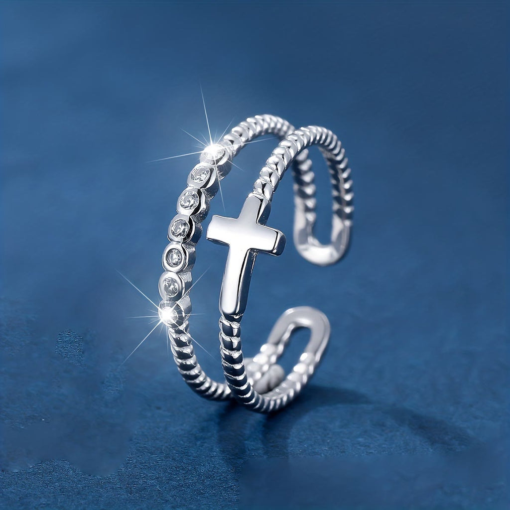 Dual-Band Cross Ring: Zircon Sparkle & Faith Devotion for Daily Wear