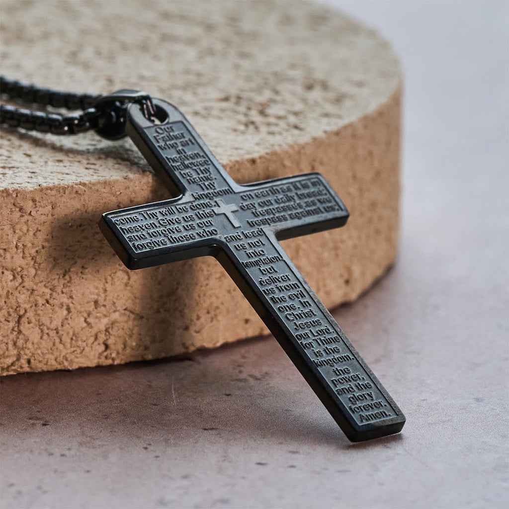 Stainless Steel Lord's Prayer Pendant Cross Necklace