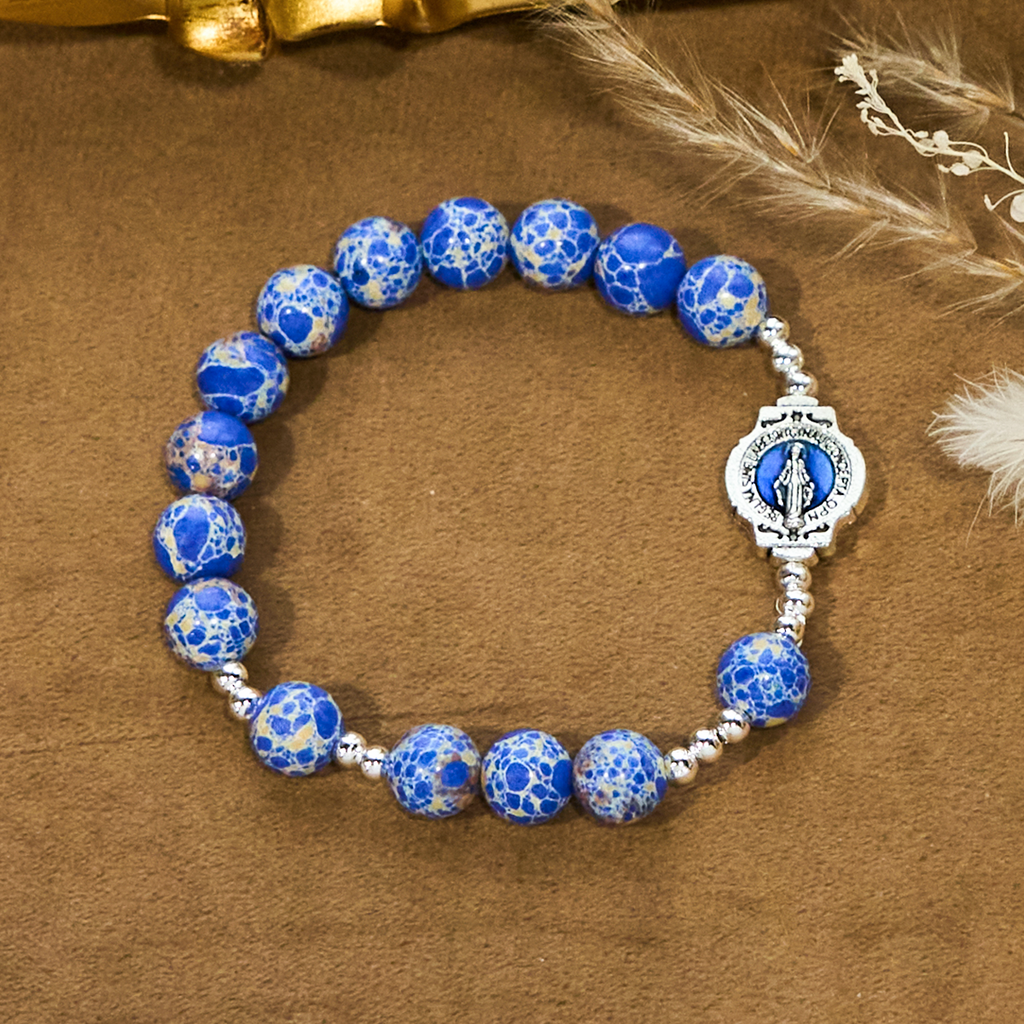 Royal Blue-Tone Stone Beads One Decade Rosary, Bracelet: Grace Guided by Mary's Hand