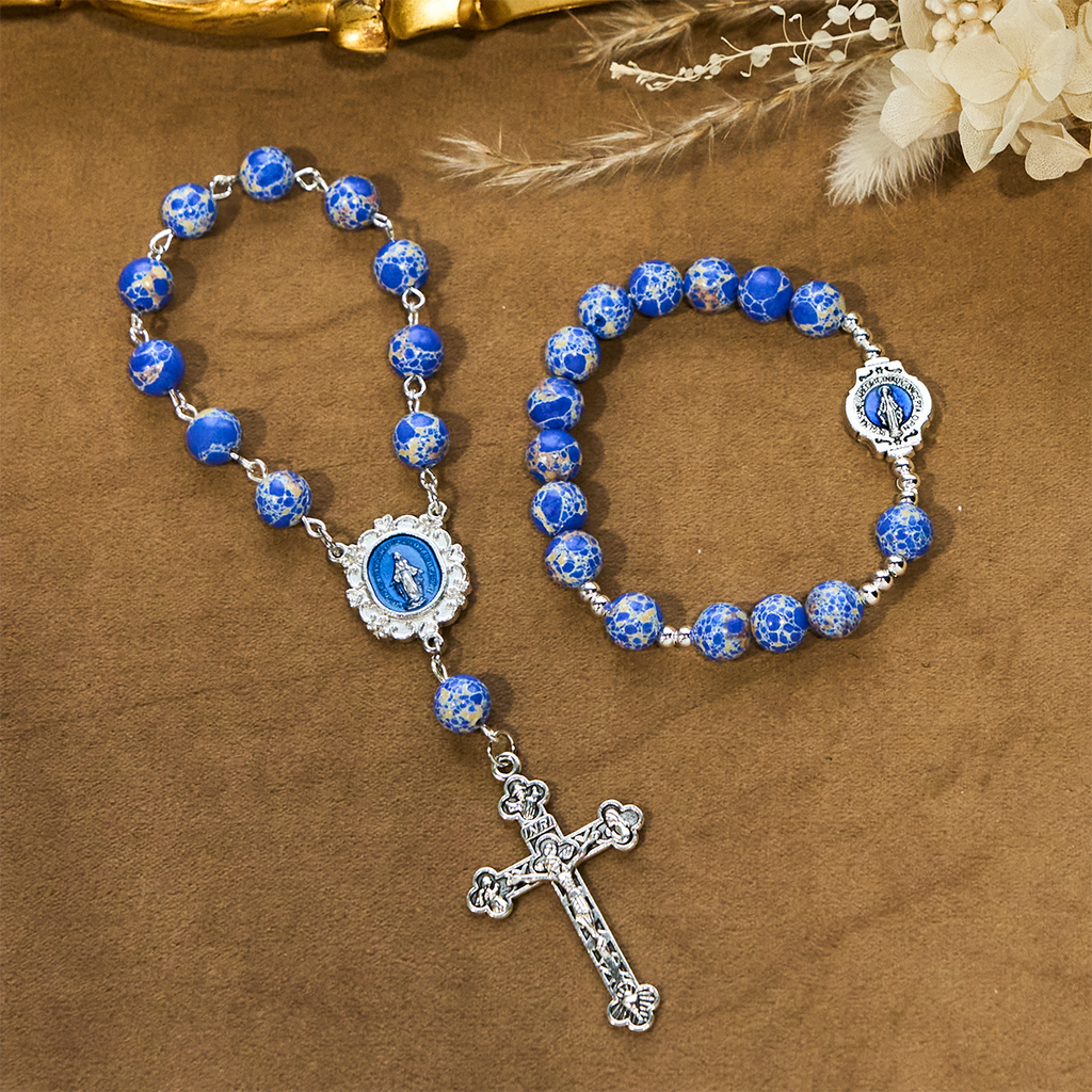 Royal Blue-Tone Stone Beads One Decade Rosary, Bracelet: Grace Guided by Mary's Hand