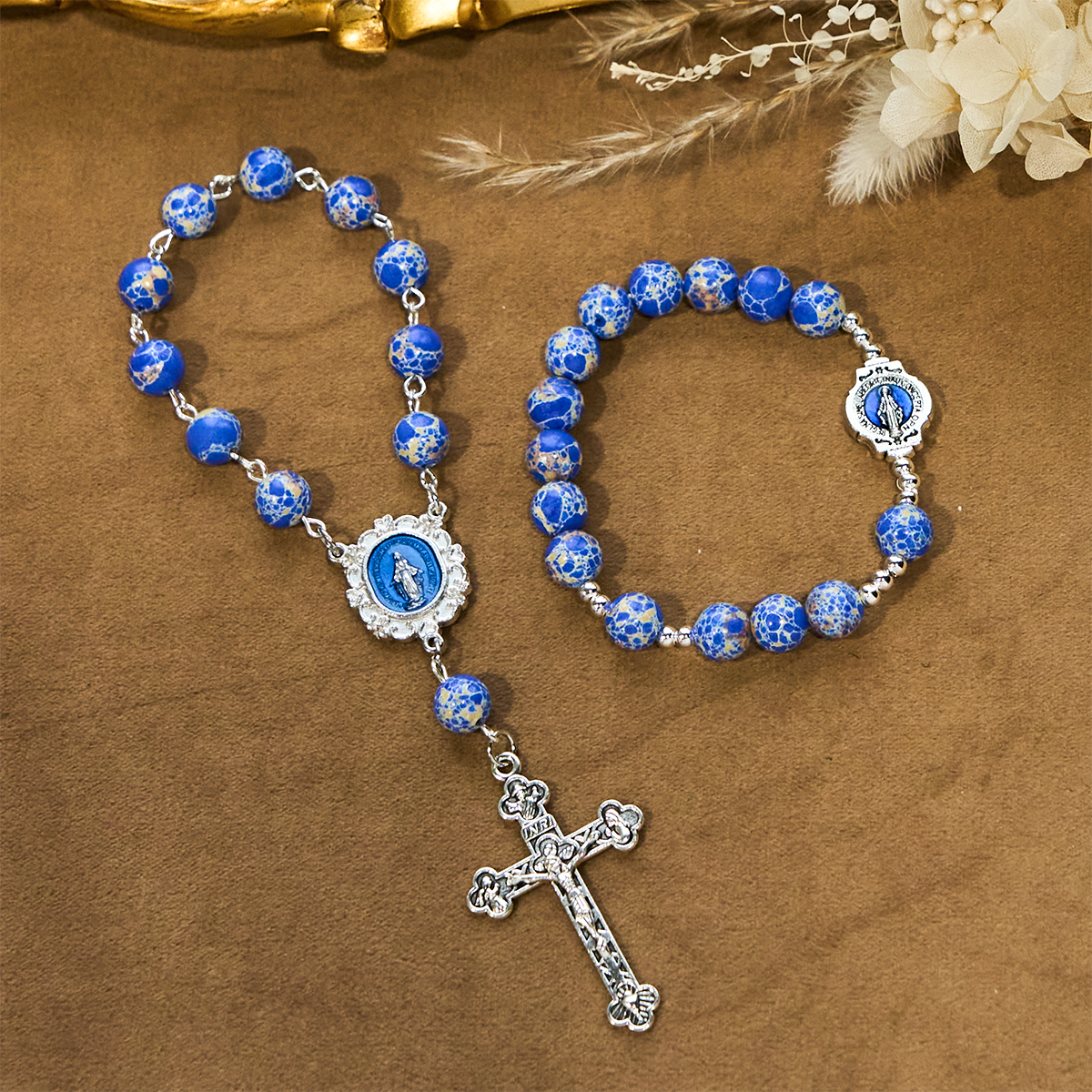Royal Blue-Tone Stone Beads One Decade Rosary, Bracelet: Grace Guided by Mary's Hand