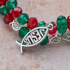 Faith Red & Green Memory Wire Rosary Bracelet with JESUS Fish & Crucifix