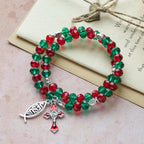 Faith Red & Green Memory Wire Rosary Bracelet with JESUS Fish & Crucifix