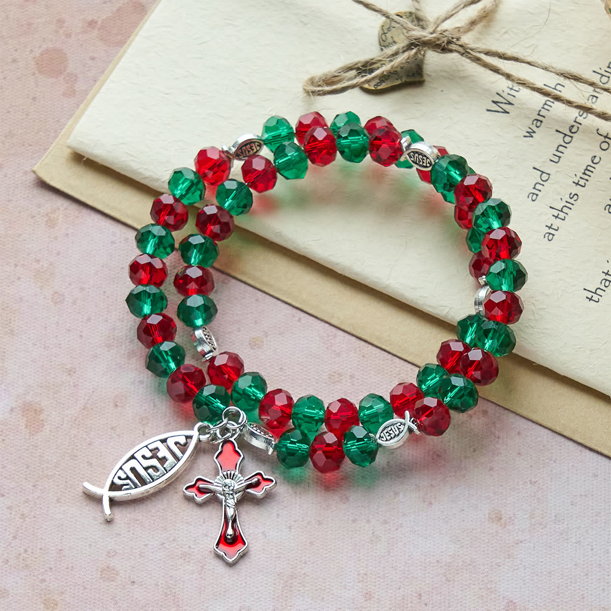 Faith Red & Green Memory Wire Rosary Bracelet with JESUS Fish & Crucifix