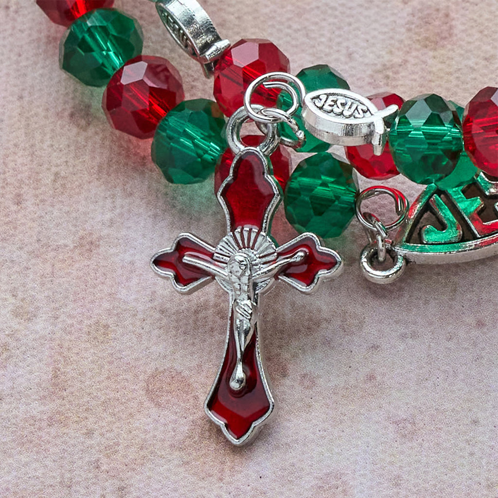 Faith Red & Green Memory Wire Rosary Bracelet with JESUS Fish & Crucifix