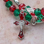 Faith Red & Green Memory Wire Rosary Bracelet with JESUS Fish & Crucifix