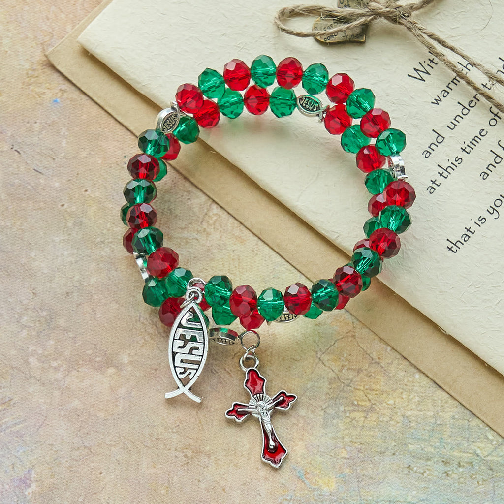 Faith Red & Green Memory Wire Rosary Bracelet with JESUS Fish & Crucifix