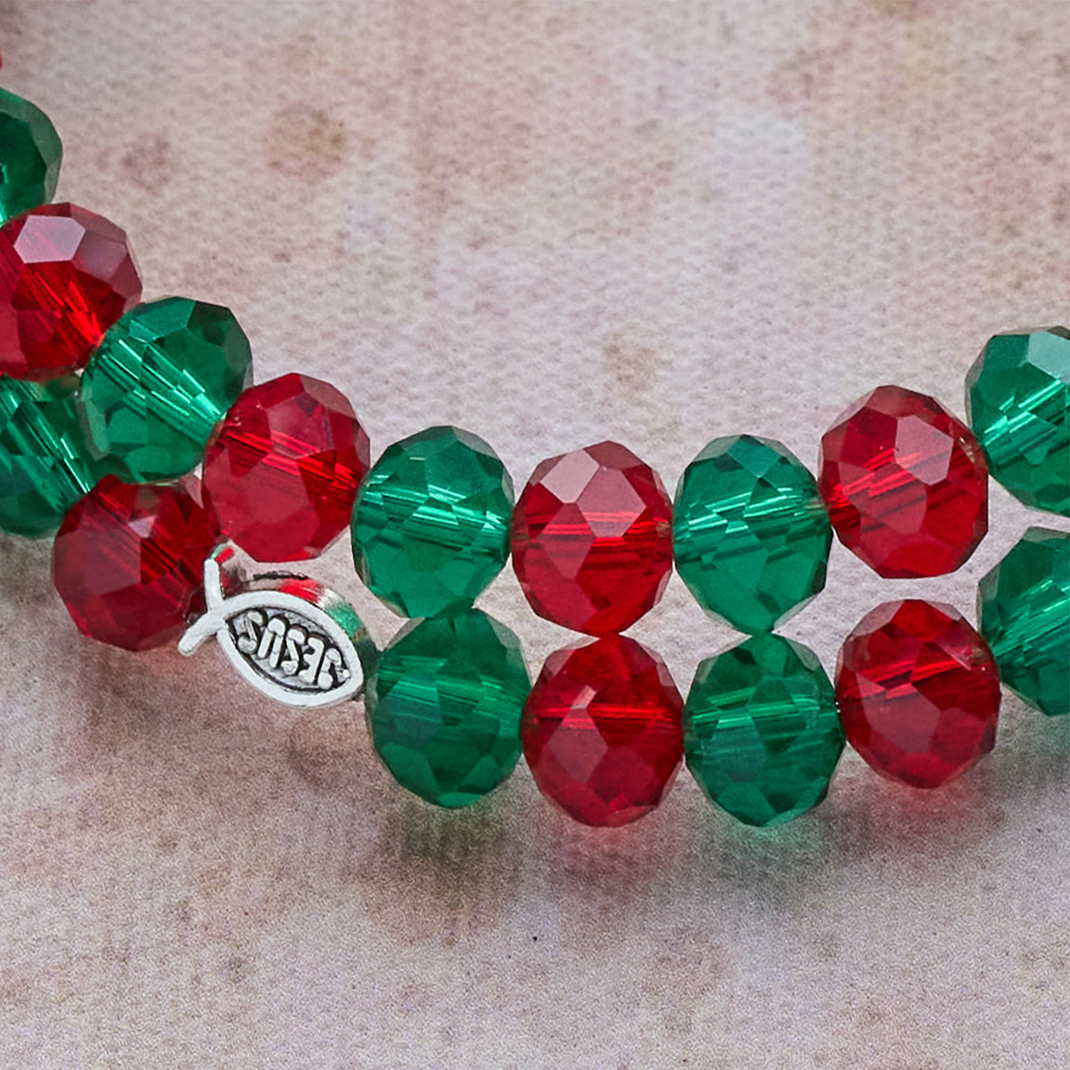 Faith Red & Green Memory Wire Rosary Bracelet with JESUS Fish & Crucifix