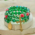 Green Crystal & Rose Rosary Bracelet: Devotion & Floral Grace