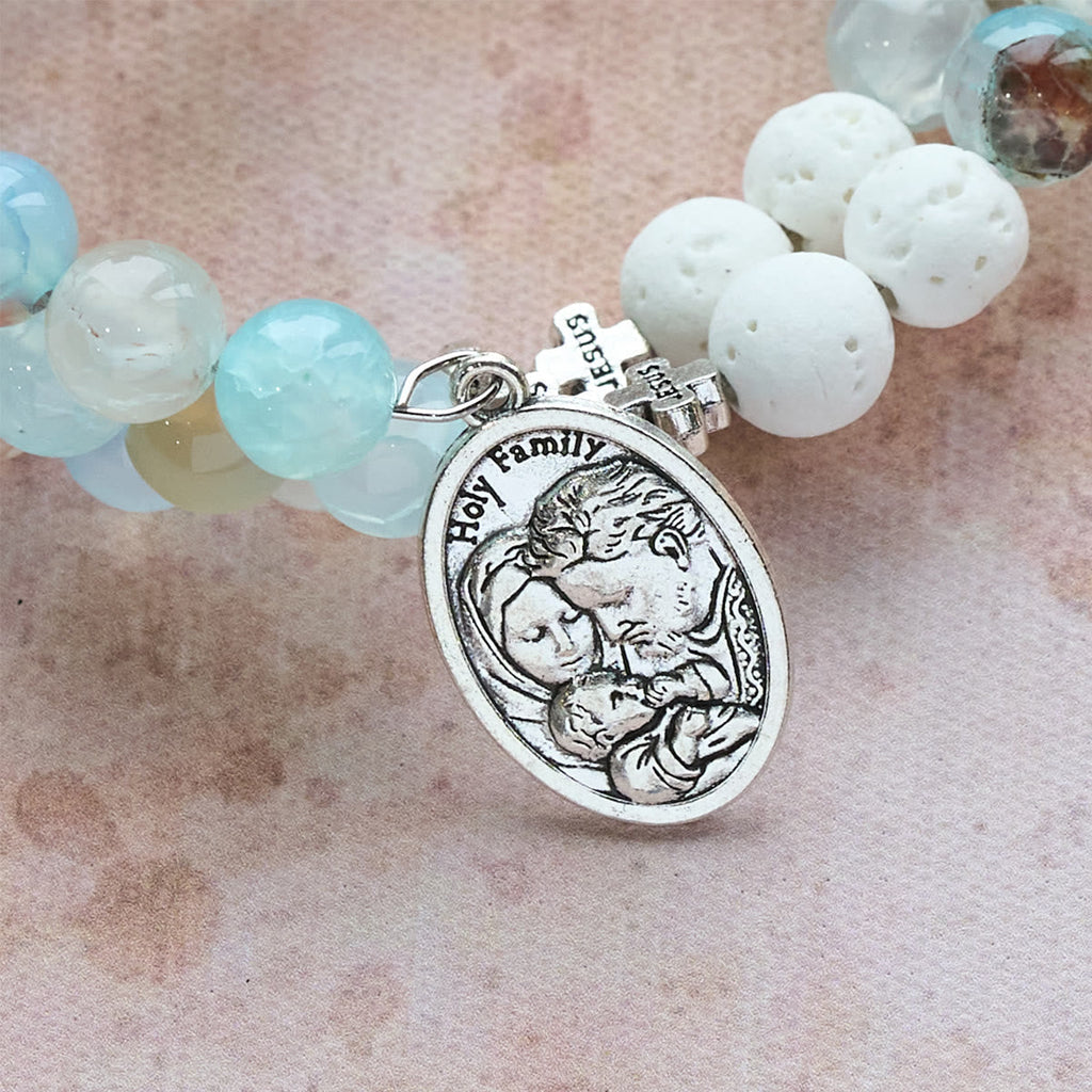 Gypsum & Blue Vein Agate Rosary Bracelet: Devotion & Heavenly Serenity