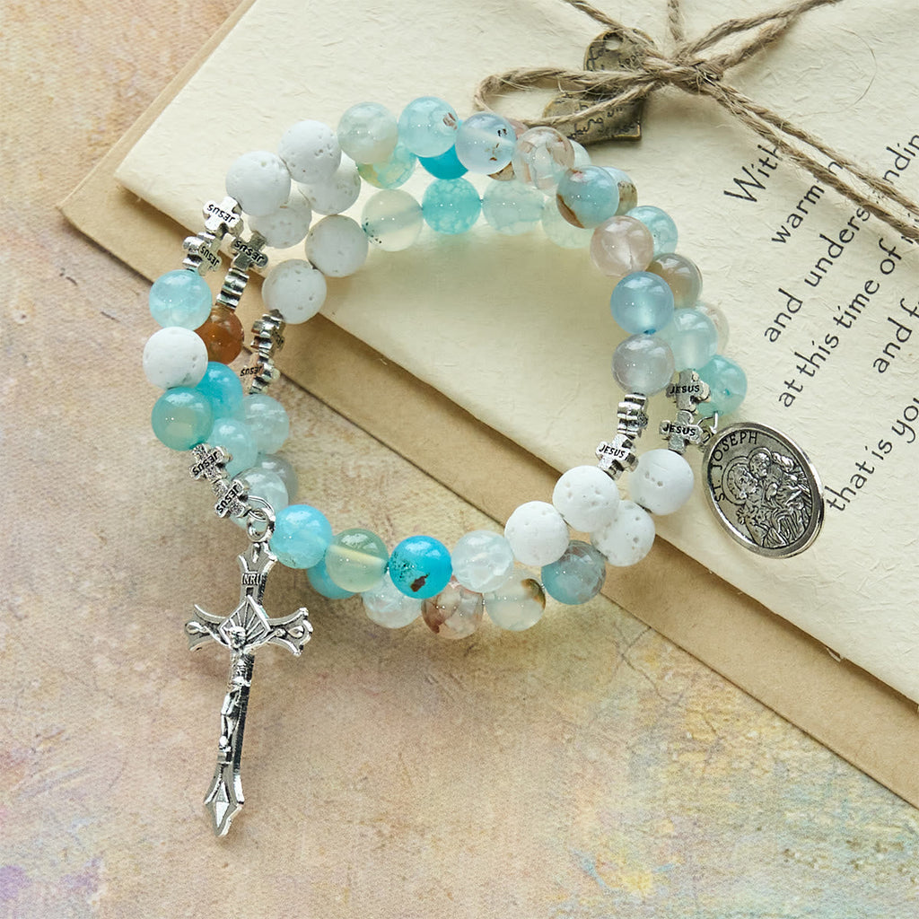 Gypsum & Blue Vein Agate Rosary Bracelet: Devotion & Heavenly Serenity