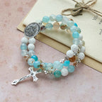 Gypsum & Blue Vein Agate Rosary Bracelet: Devotion & Heavenly Serenity