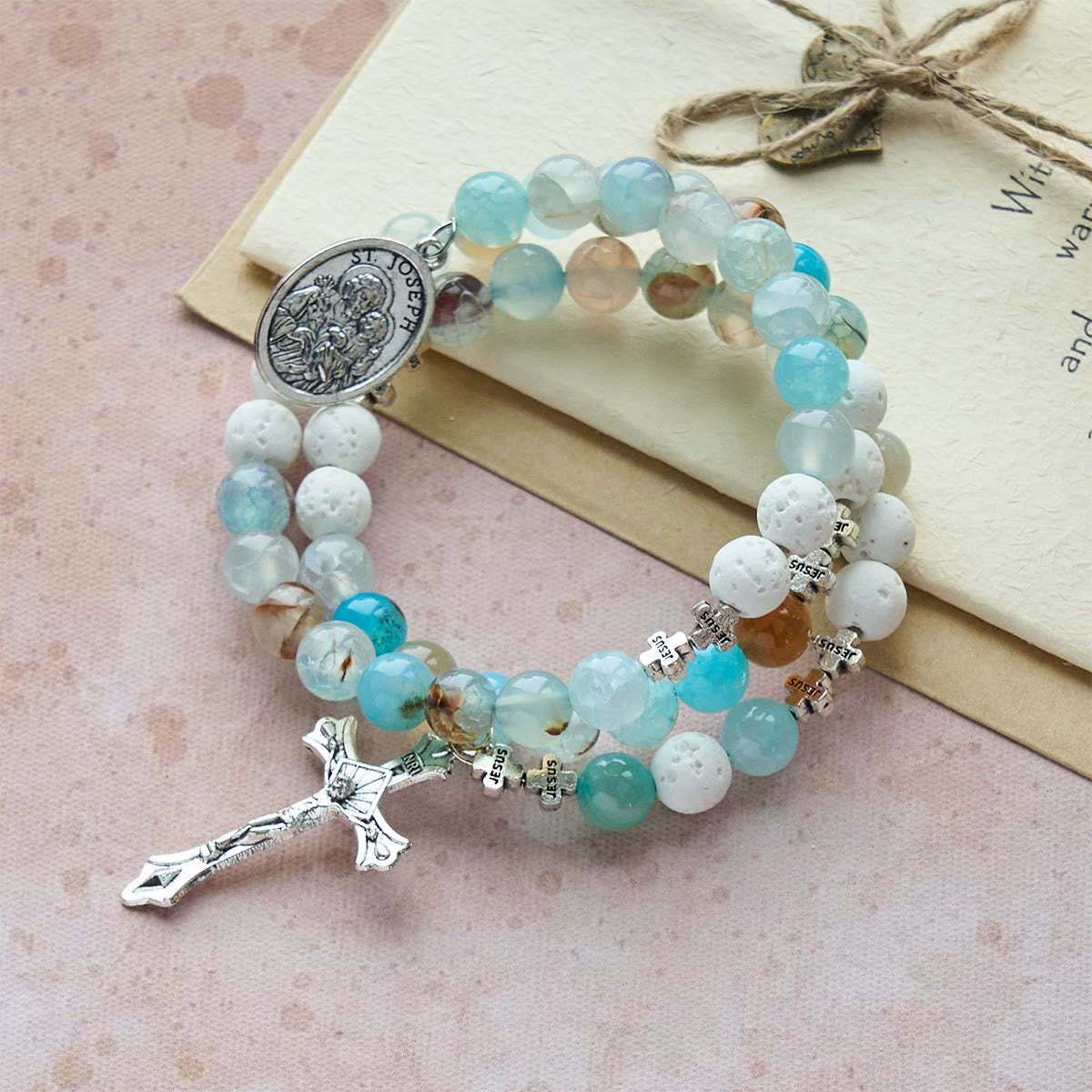 Gypsum & Blue Vein Agate Rosary Bracelet: Devotion & Heavenly Serenity