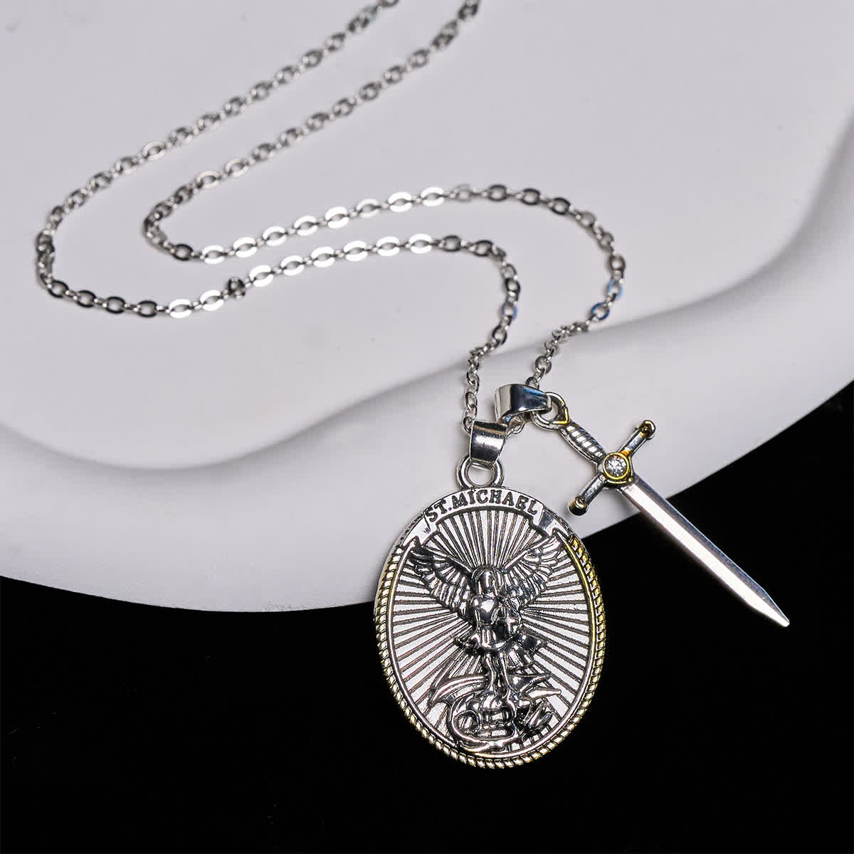 Two Tone Sword & Oval Shield St. Michael Pendant Necklace