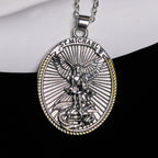 Two Tone Sword & Oval Shield St. Michael Pendant Necklace