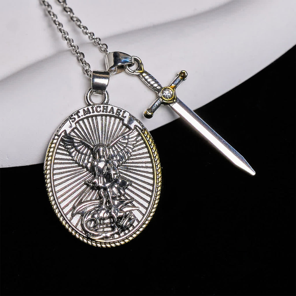 Two Tone Sword & Oval Shield St. Michael Pendant Necklace