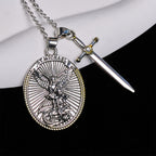 Two Tone Sword & Oval Shield St. Michael Pendant Necklace