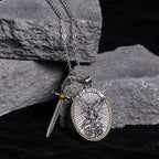 Two Tone Sword & Oval Shield St. Michael Pendant Necklace
