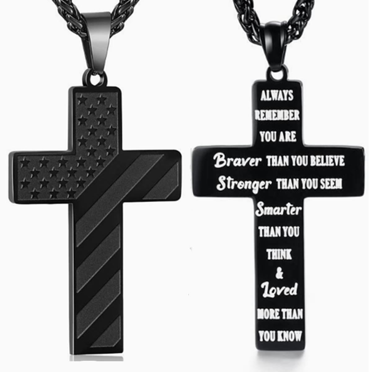 Tri-Color Cross Necklace with American Flag & Scripture: A Patriotic Expression