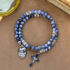 Blue Stone with Holy Family Memory Wire Rosary Bracelet