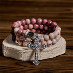 Rosewood Grain & Matte Web Stone Memory Wire Rosary Bracelet with Marian Medals