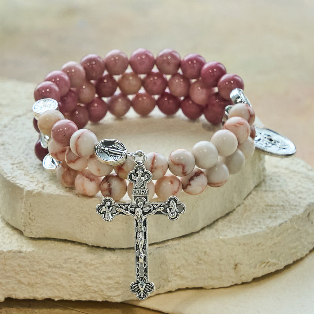 Rosewood Grain & Matte Web Stone Memory Wire Rosary Bracelet with Marian Medals