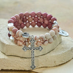 Rosewood Grain & Matte Web Stone Memory Wire Rosary Bracelet with Marian Medals