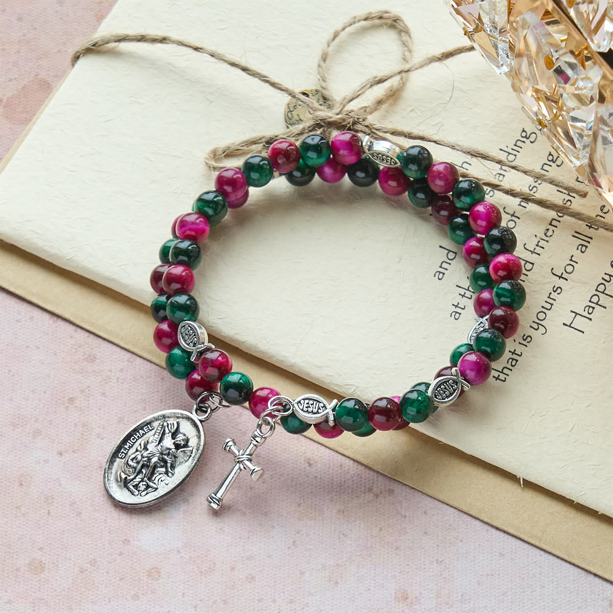 Dual-Toned Tiger Eye Memory Wire Rosary Bracelet with Saint Michael