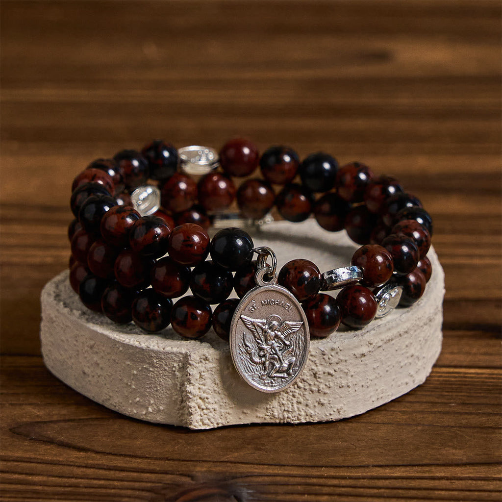 Natural Mahogany Obsidian Memory Wire Rosary Bracelet with Jesus