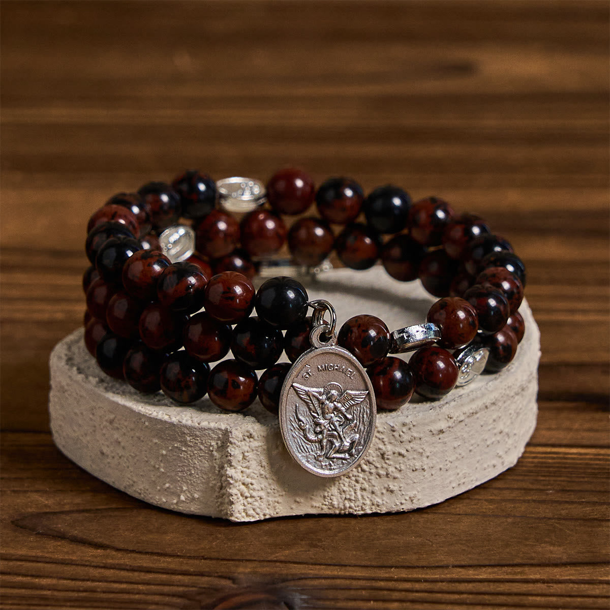 Natural Mahogany Obsidian Memory Wire Rosary Bracelet with Jesus